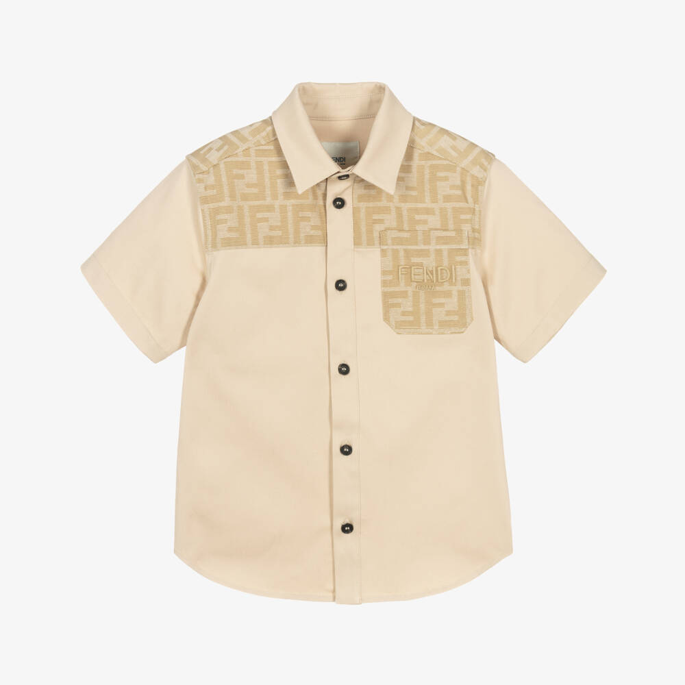 Fendi-Boys Beige FF Jacquard Panel Cotton Shirt | Childrensalon