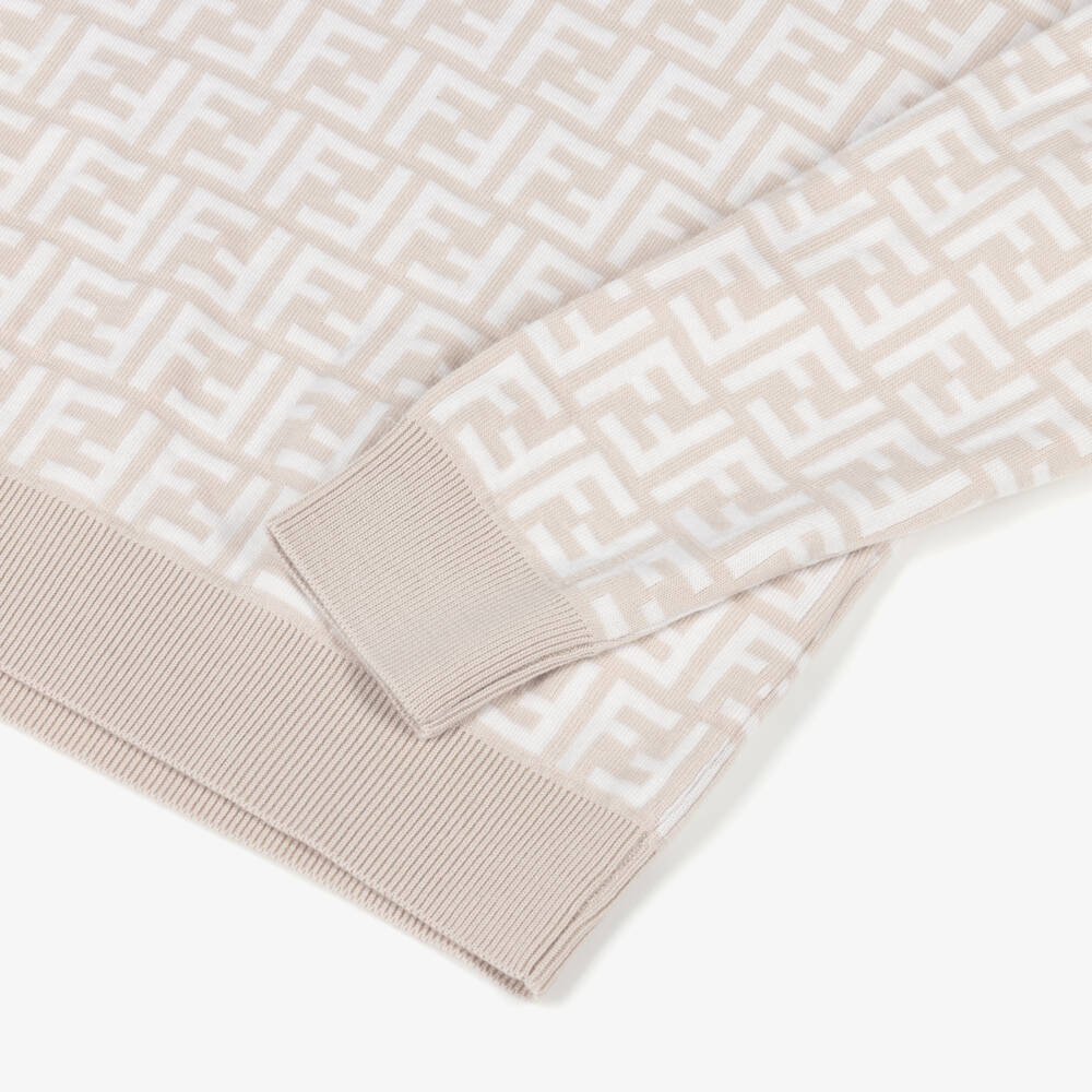 Fendi-بلوفر محبوك بشعار FF لون بيج وعاجي للأولاد | Childrensalon