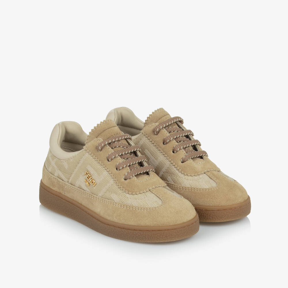 Fendi-Boys Beige Jacquard FF Logo Trainers | Childrensalon