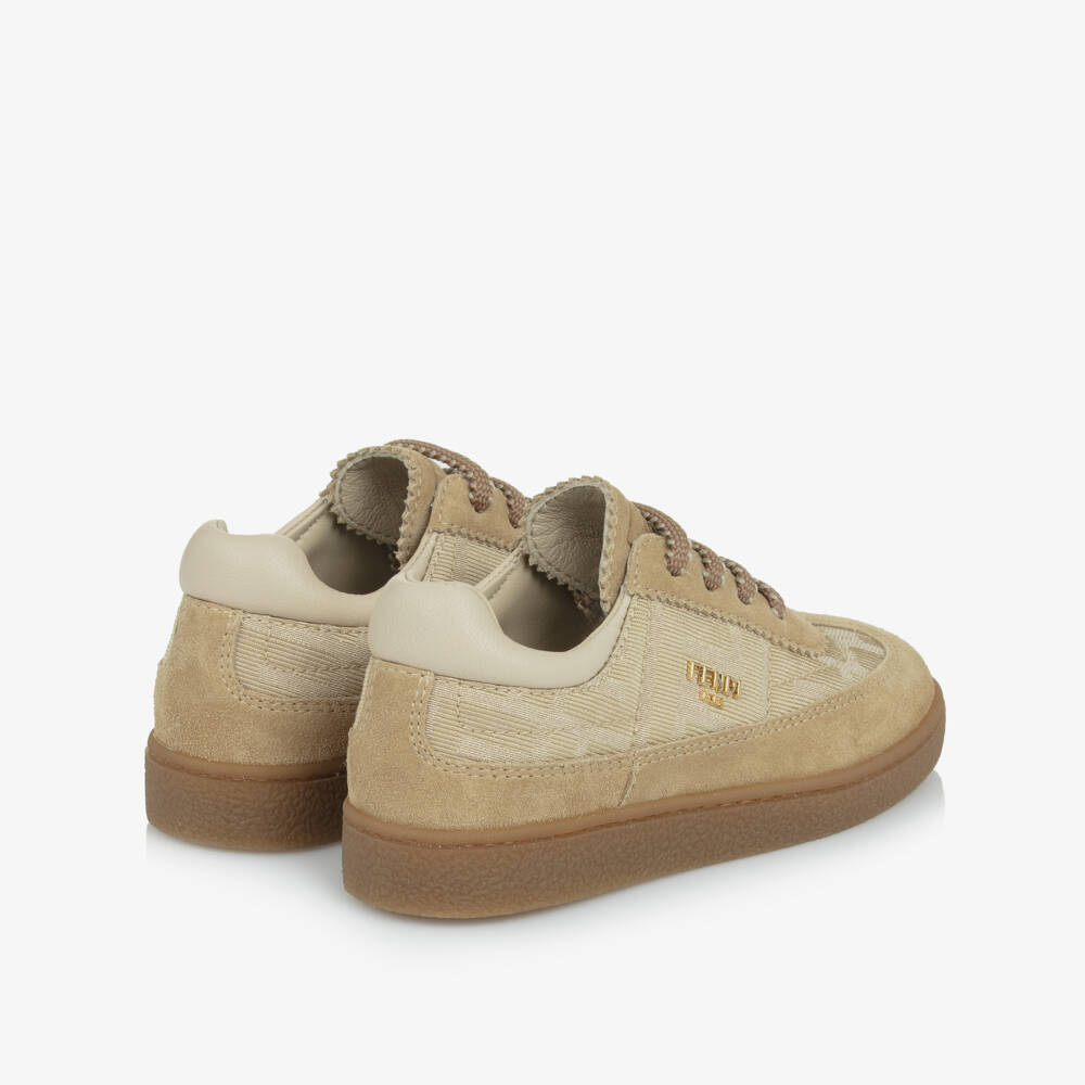 Fendi-Boys Beige Jacquard FF Logo Trainers | Childrensalon