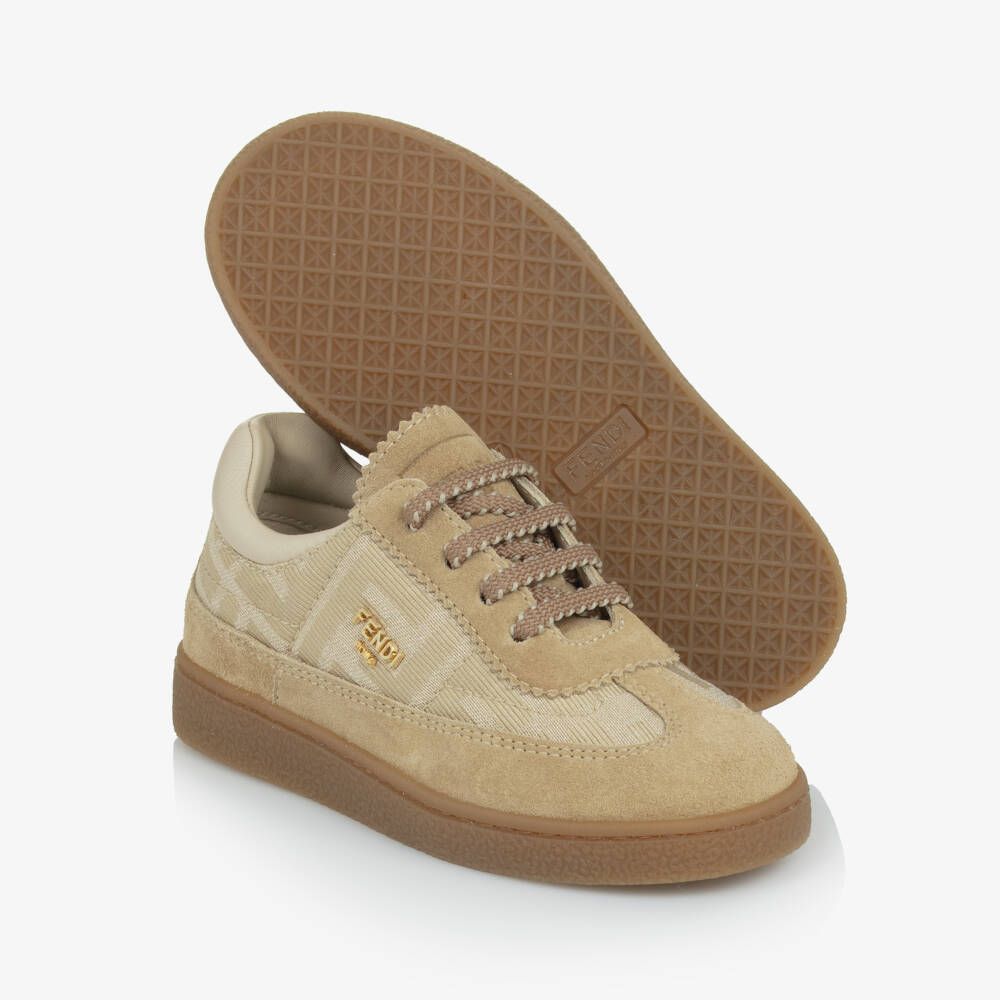 Fendi-Boys Beige Jacquard FF Logo Trainers | Childrensalon