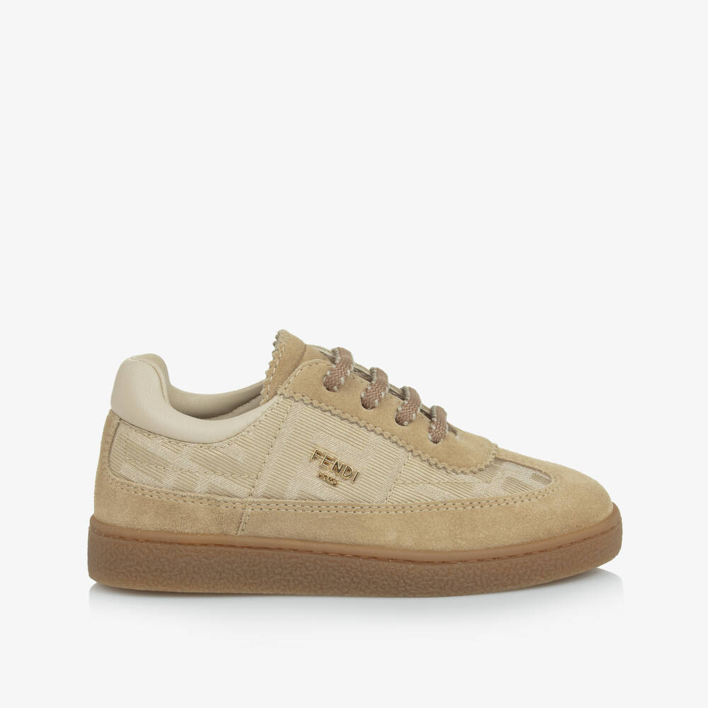 Fendi-Boys Beige Jacquard FF Logo Trainers | Childrensalon