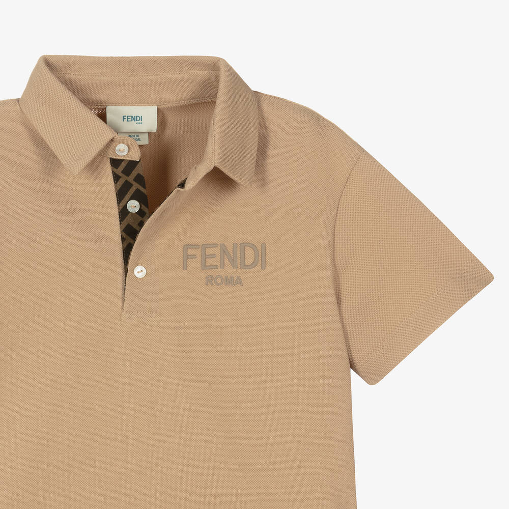 Fendi - توب بولو قطن بيكيه لون بيج للأولاد | Childrensalon
