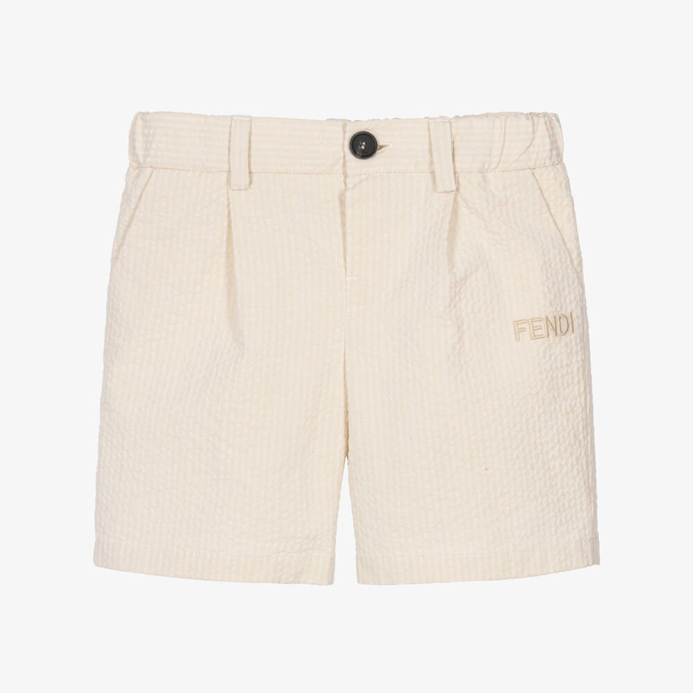 Fendi-Boys Beige Seersucker Shorts with Logo Embroidery | Childrensalon