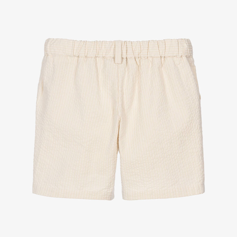 Fendi-Boys Beige Seersucker Shorts with Logo Embroidery | Childrensalon