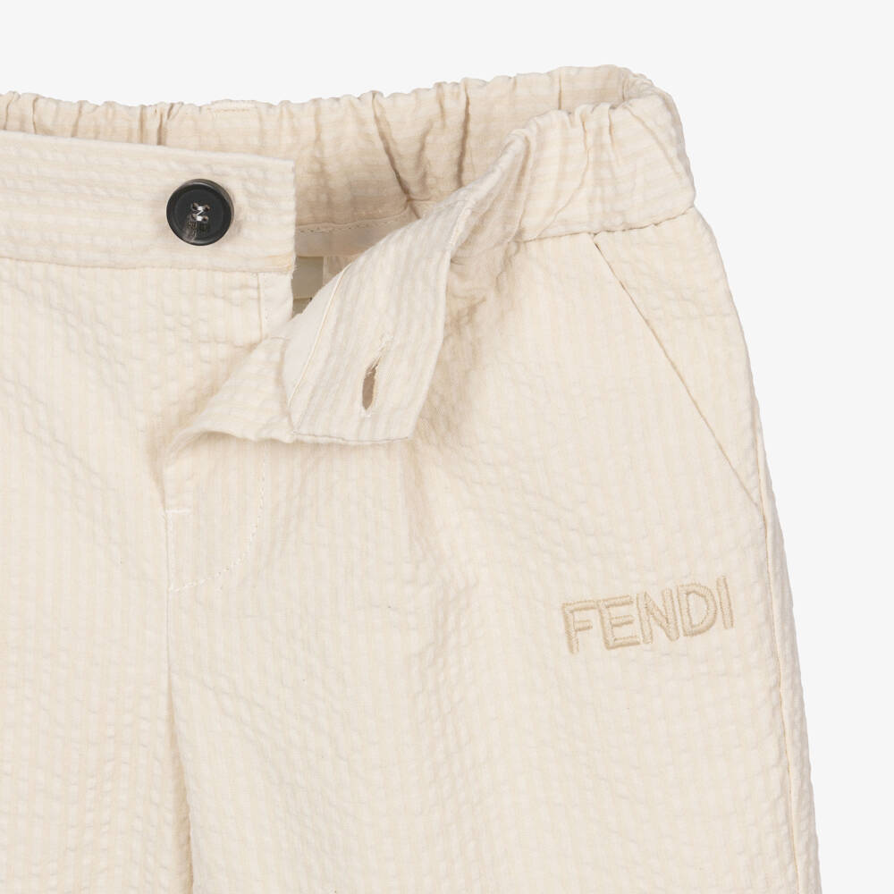 Fendi-Boys Beige Seersucker Shorts with Logo Embroidery | Childrensalon