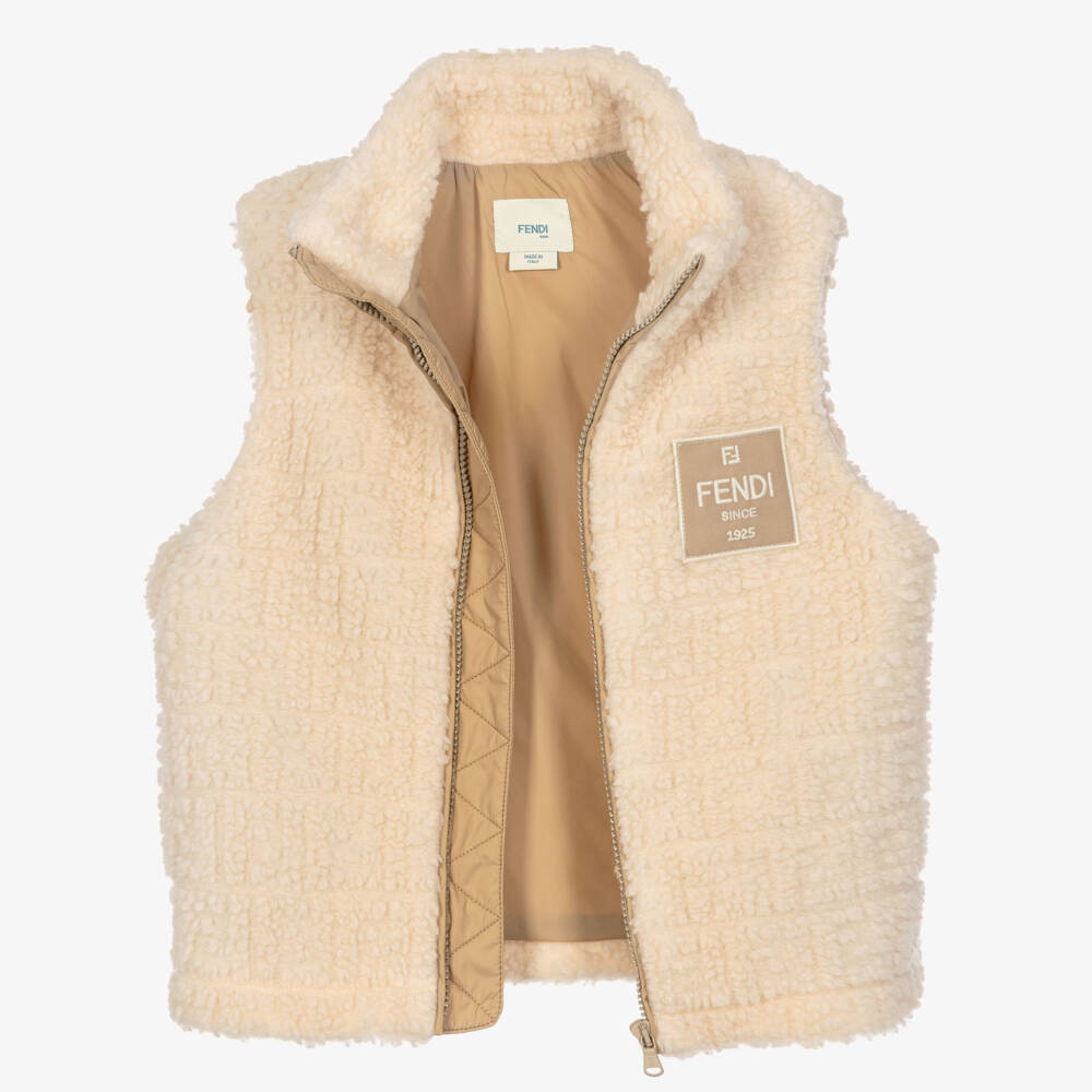 Fendi-Boys Beige Teddy Fleece FF Logo Gilet | Childrensalon