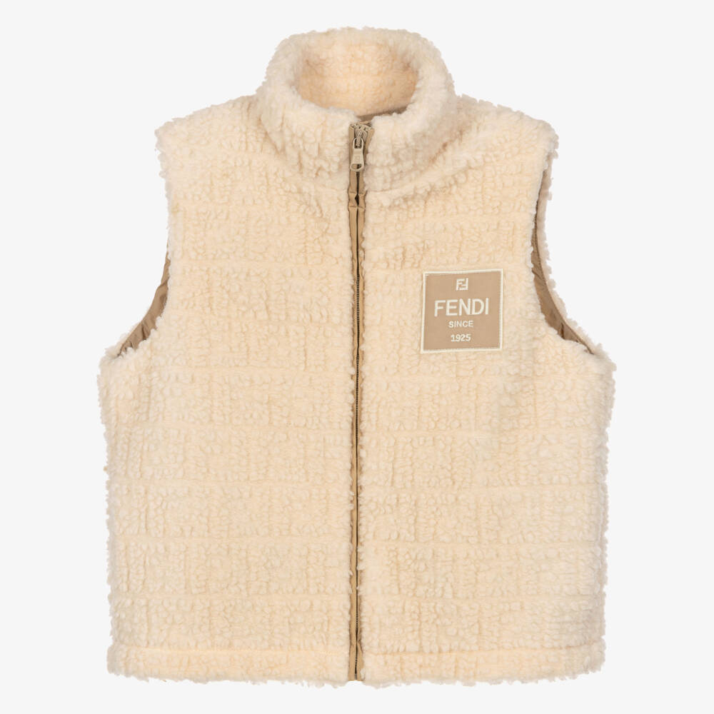 Fendi-Boys Beige Teddy Fleece FF Logo Gilet | Childrensalon