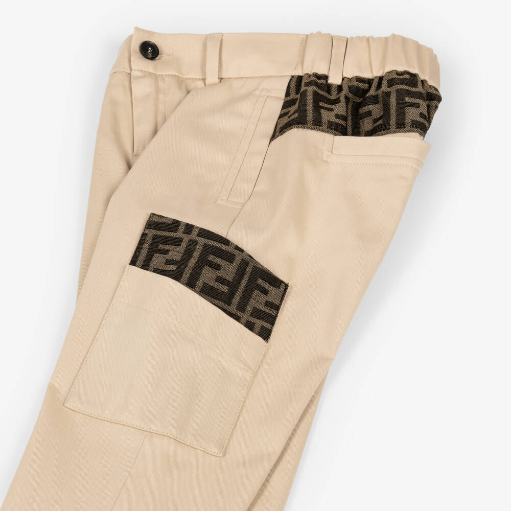 Fendi-Boys Beige Twill Trousers with FF Logo Trim | Childrensalon