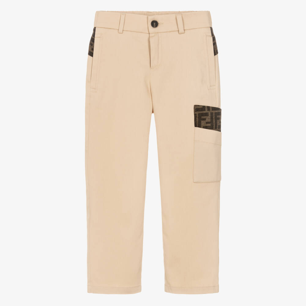 Fendi-Boys Beige Twill Trousers with FF Logo Trim | Childrensalon