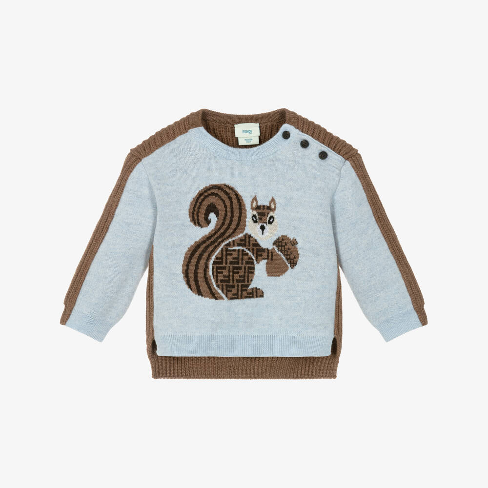Fendi-Boys Blue & Brown Wool Squirrel Sweater | Childrensalon