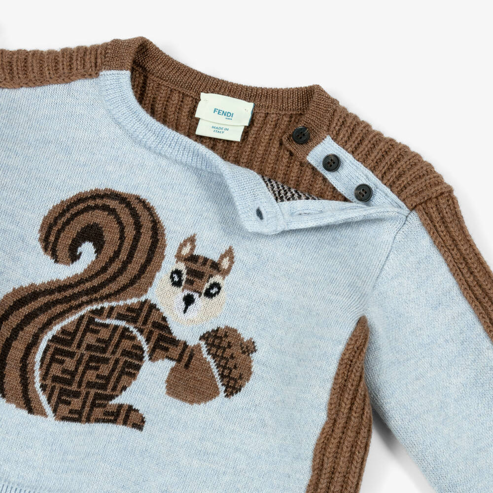 Fendi-بلوفر صوف بنقشة سنجاب لون بني وأزرق للأولاد الرضع | Childrensalon