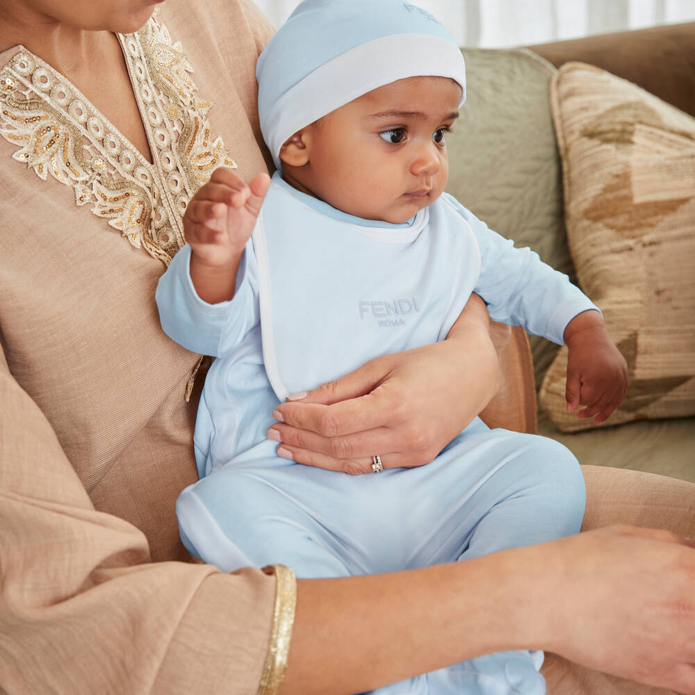 Fendi-Boys Blue Cotton Babysuit Gift Set with Logo Embroidery | Childrensalon