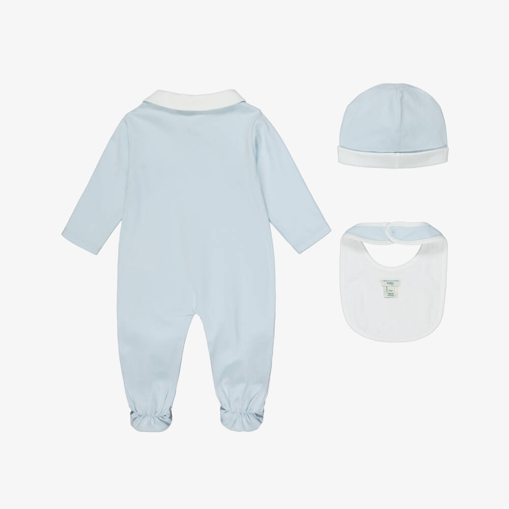 Fendi-Boys Blue Cotton Babysuit Gift Set with Logo Embroidery | Childrensalon