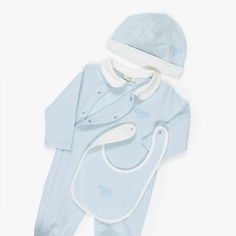Fendi-Boys Blue Cotton Babysuit Gift Set with Logo Embroidery | Childrensalon