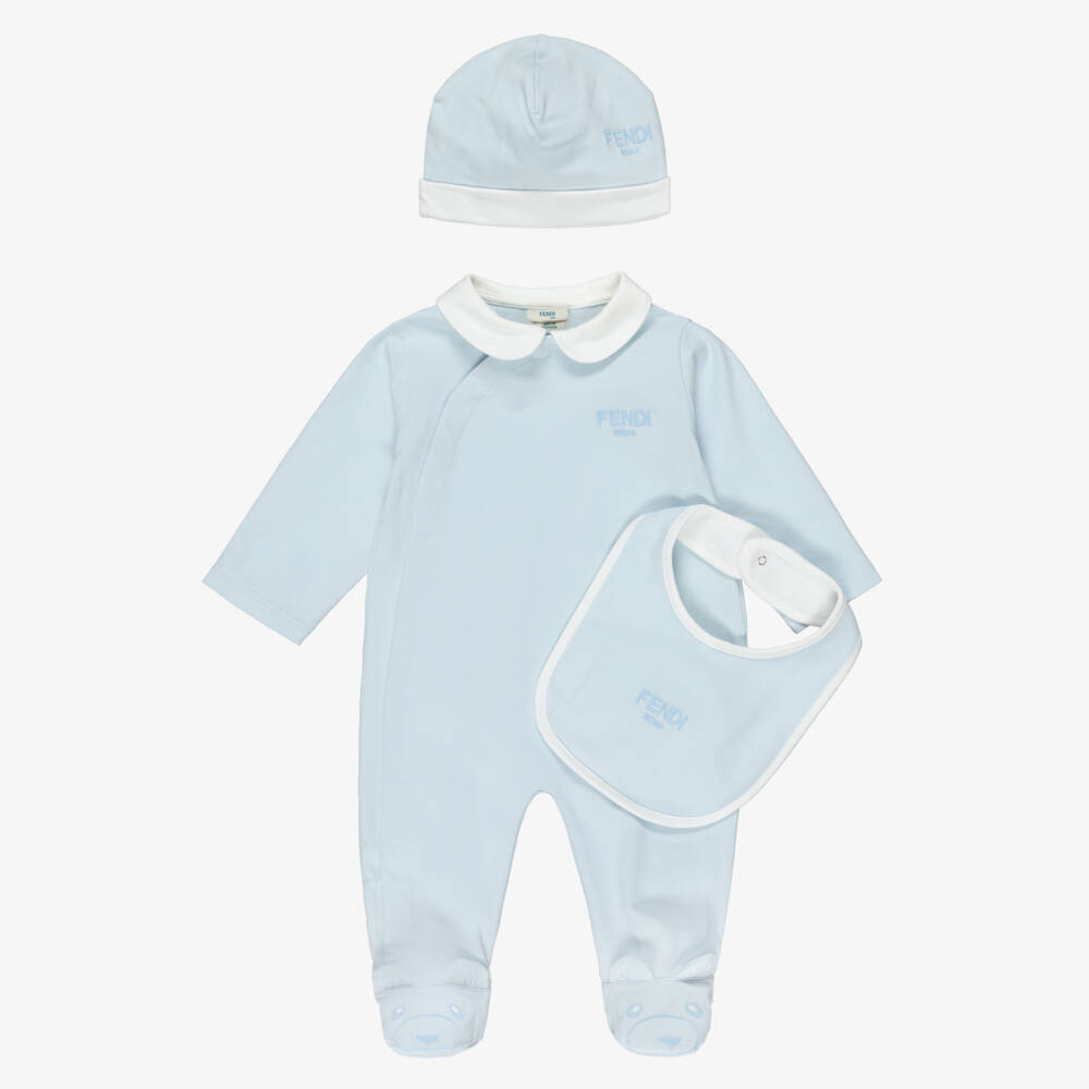 Fendi-Boys Blue Cotton Babysuit Gift Set with Logo Embroidery | Childrensalon