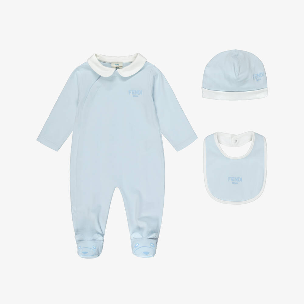 Fendi-Boys Blue Cotton Babysuit Gift Set with Logo Embroidery | Childrensalon