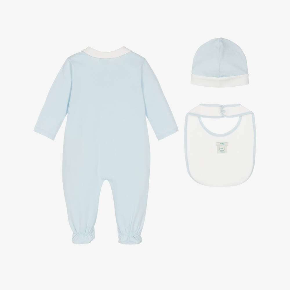 Fendi-Boys Blue Cotton FF Logo Bear Babygrow Set | Childrensalon