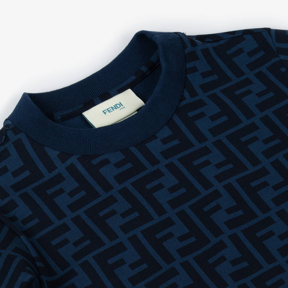 Fendi-Boys Blue Cotton FF Logo T-Shirt | Childrensalon