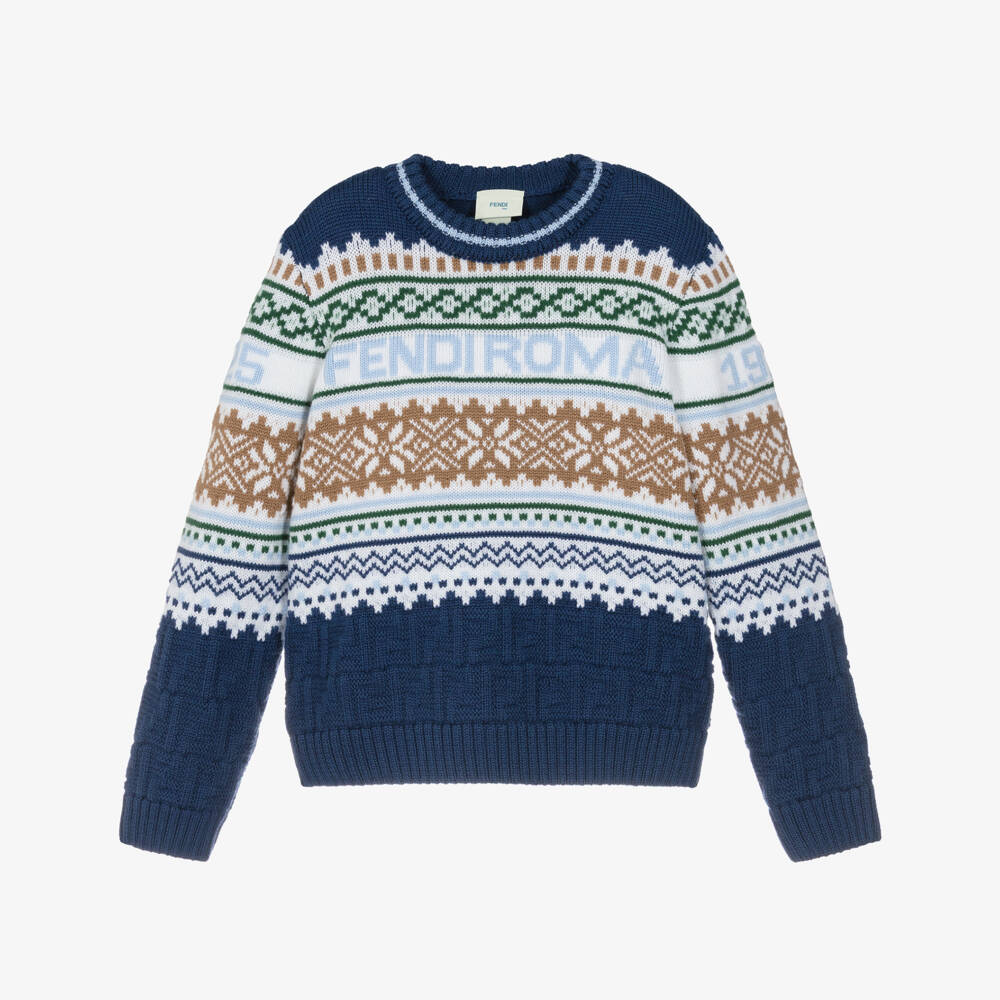 Fendi-بلوفر صوف محبوك بنقشة فير آيل لون أزرق للأولاد | Childrensalon