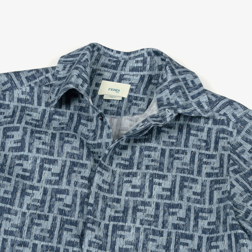 Fendi - Boys Blue FF Logo Linen Shirt | Childrensalon