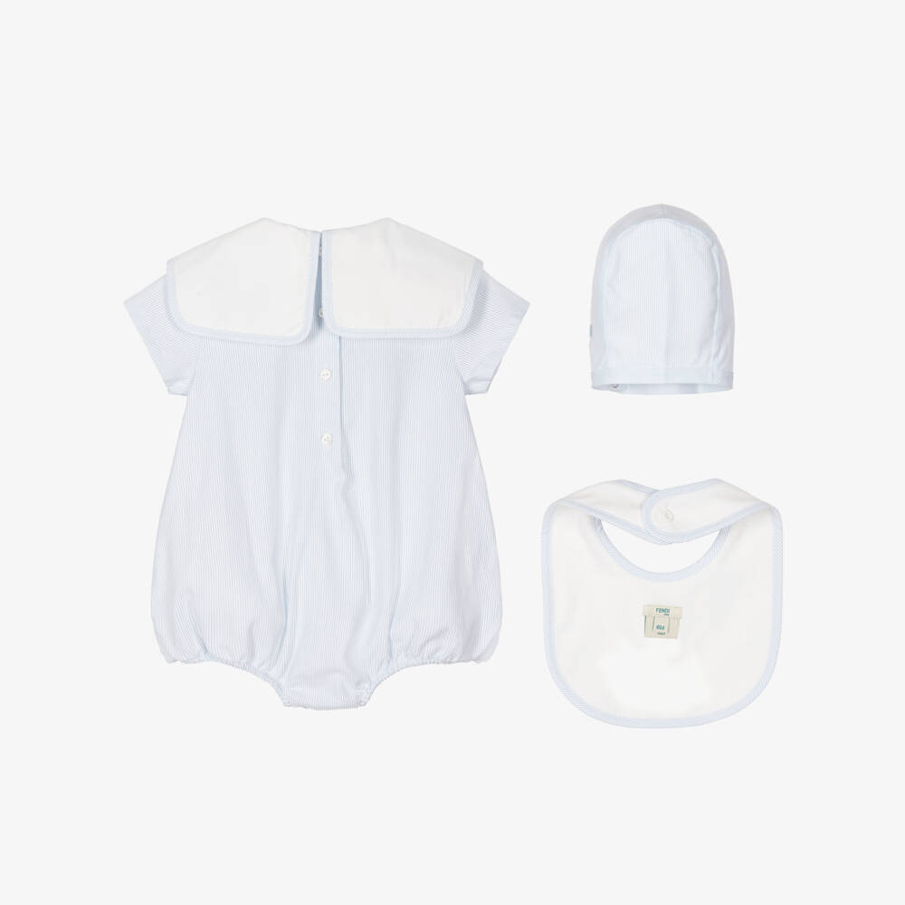 Fendi-Boys Blue Stripe Cotton Babysuit Set | Childrensalon
