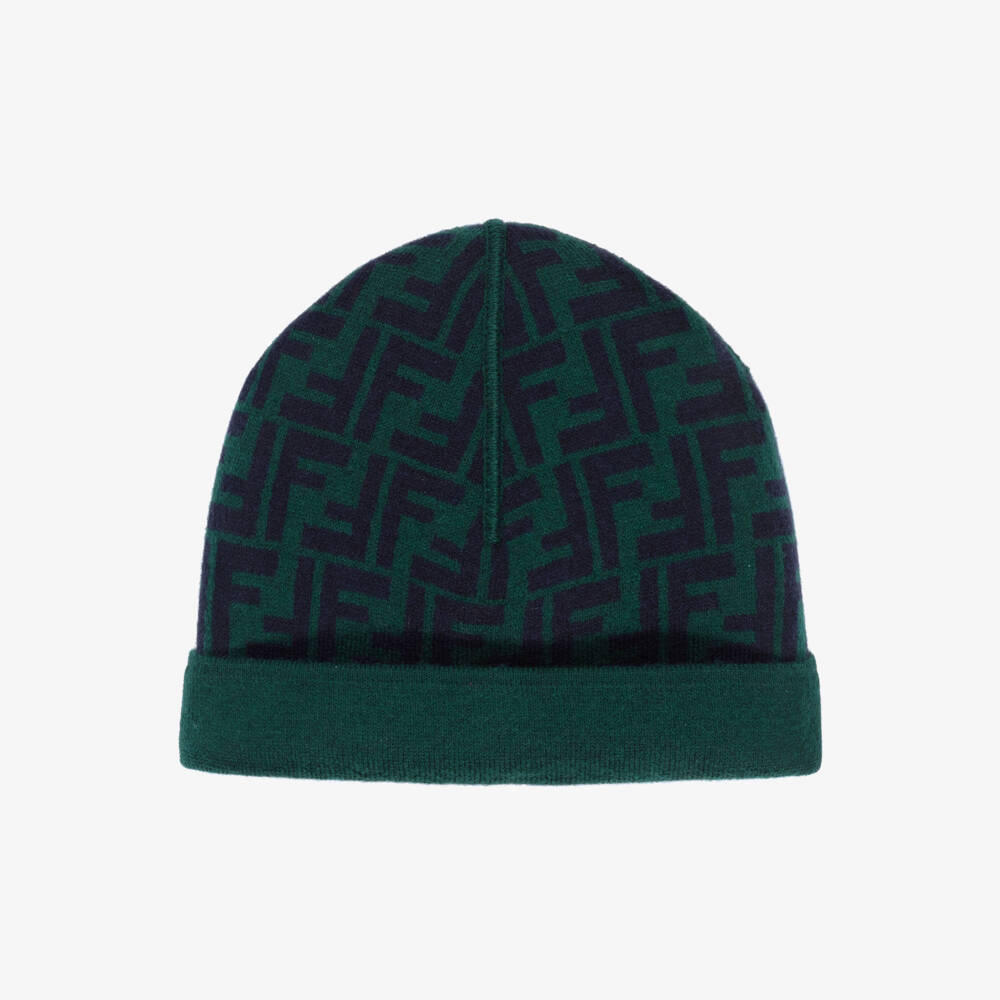 Fendi-Boys Green & Blue Wool & Cashmere Reversible Beanie Hat | Childrensalon