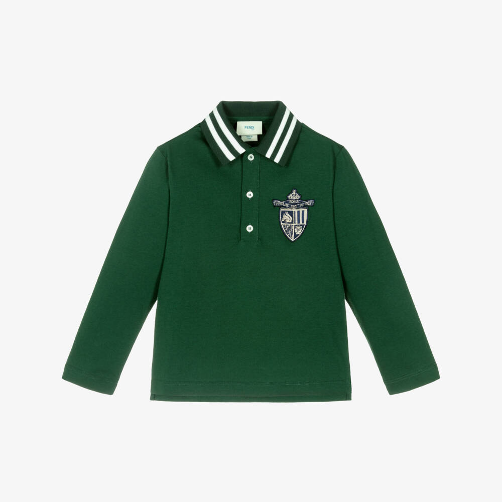 Fendi-Boys Green Crest Logo Cotton Polo Shirt | Childrensalon