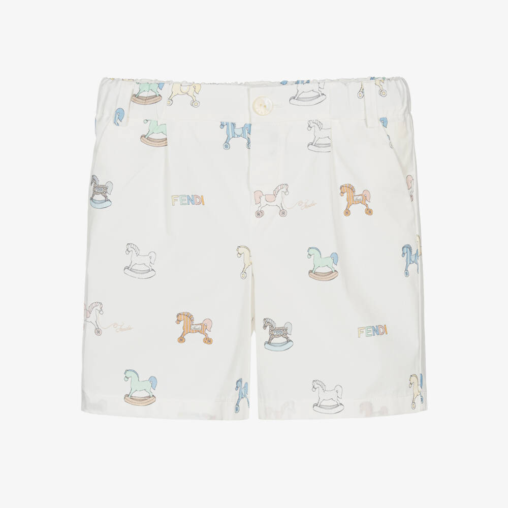 Fendi-Boys Ivory Cotton Rocking Horse Print Shorts | Childrensalon
