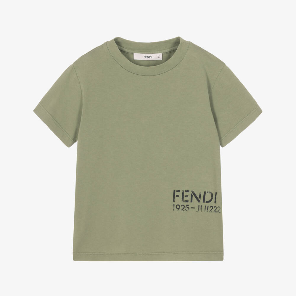 Fendi-Boys Military Green Cotton Logo T-Shirt | Childrensalon
