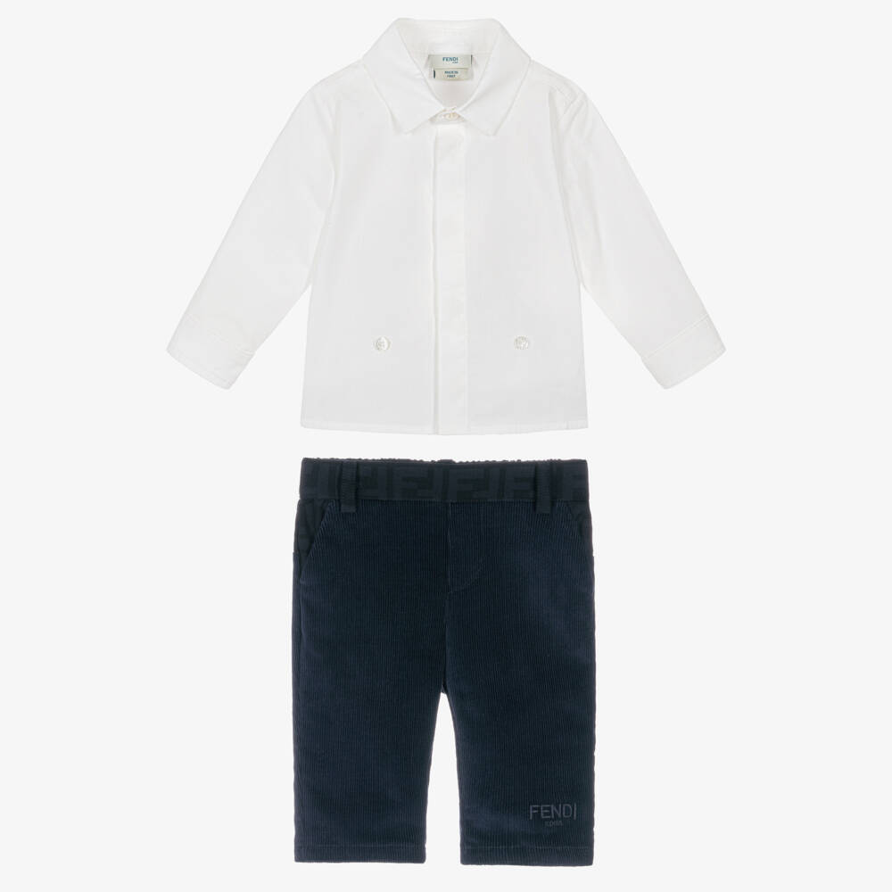 Fendi-طقم بنطلون قطن مخمل لون كحلي وأبيض للاولاد | Childrensalon