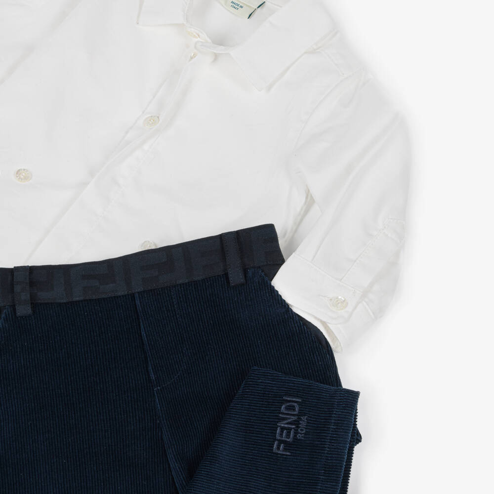 Fendi-طقم بنطلون قطن مخمل لون كحلي وأبيض للاولاد | Childrensalon