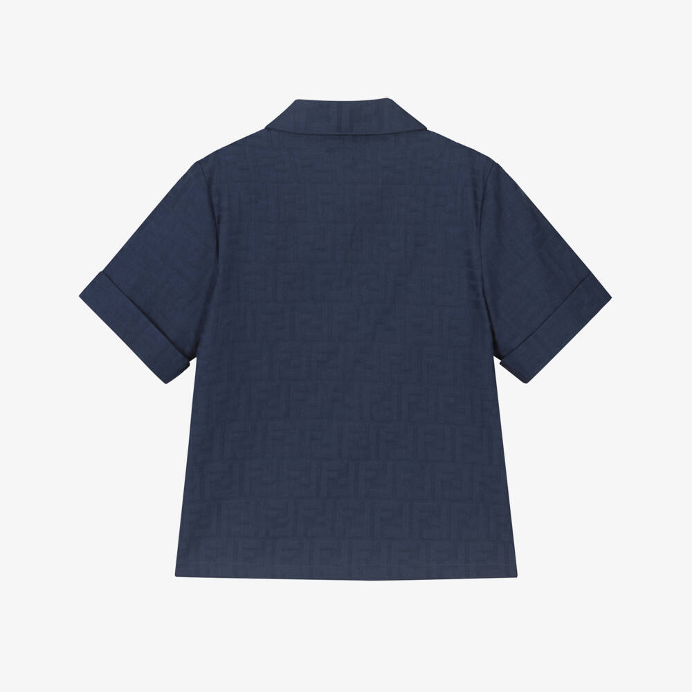 Fendi-Boys Navy Blue FF Logo Cotton Shirt | Childrensalon