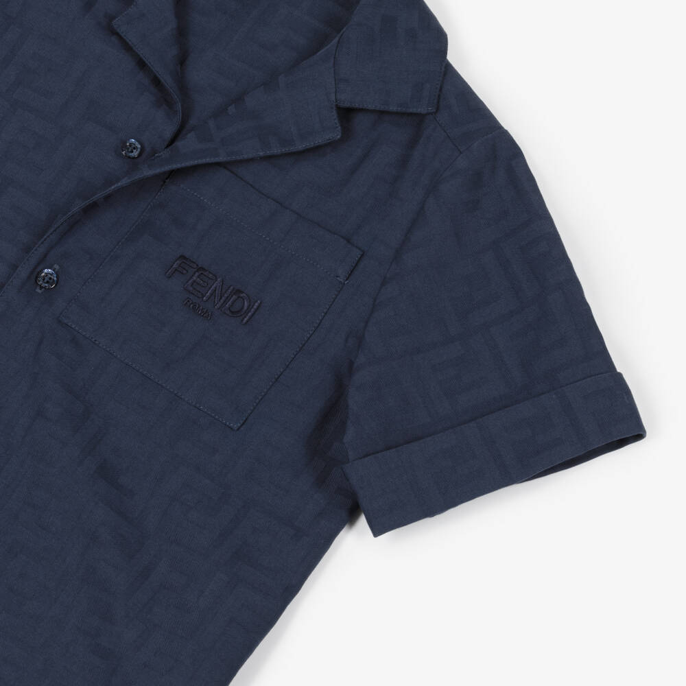 Fendi-Boys Navy Blue FF Logo Cotton Shirt | Childrensalon