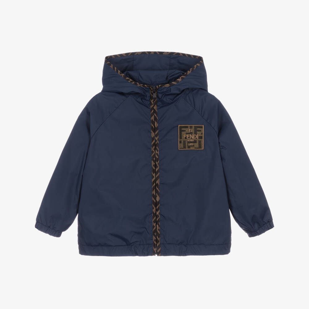 Fendi-Boys Navy Blue Hooded Jacket with FF Logo | Childrensalon