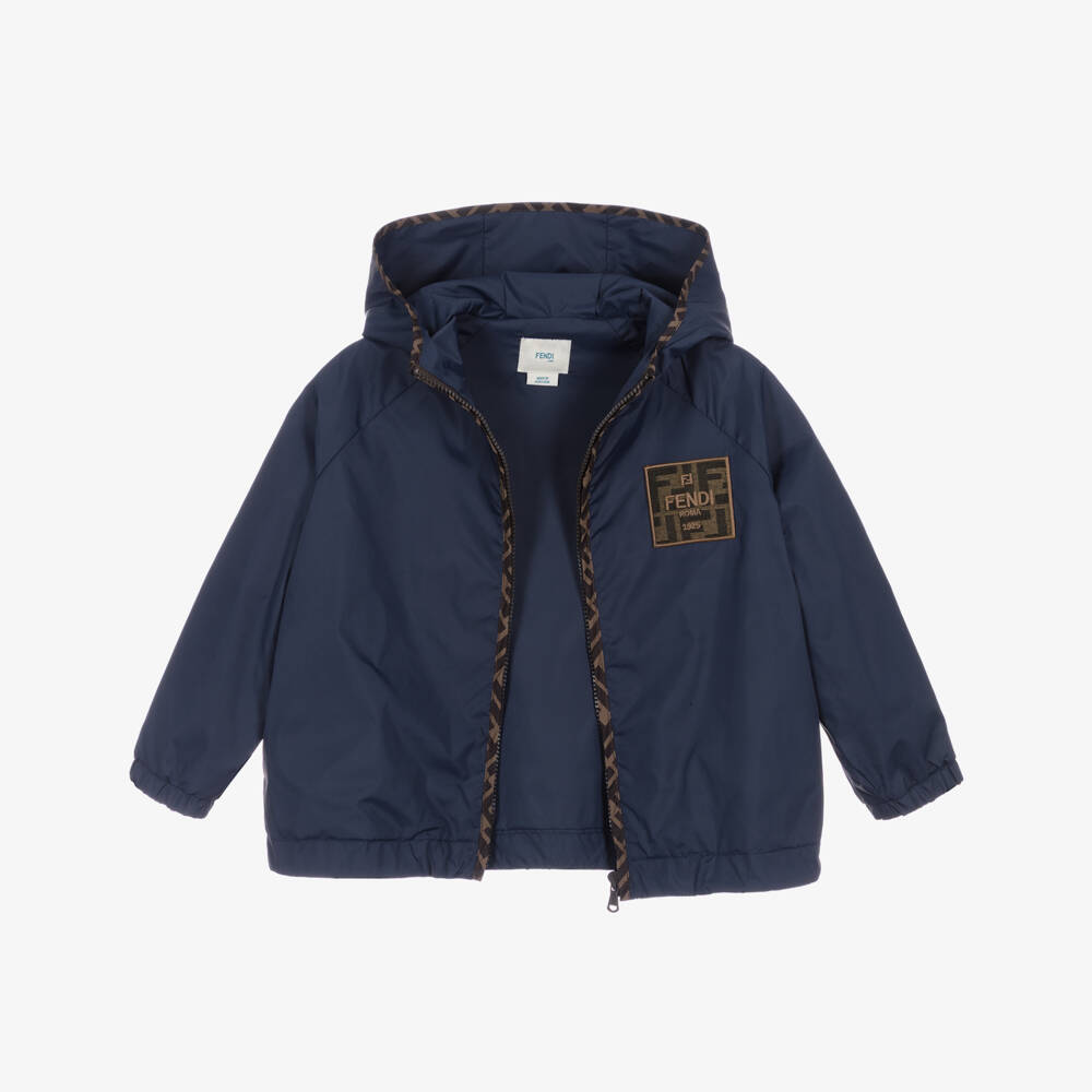 Fendi-Boys Navy Blue Hooded Jacket with FF Logo | Childrensalon