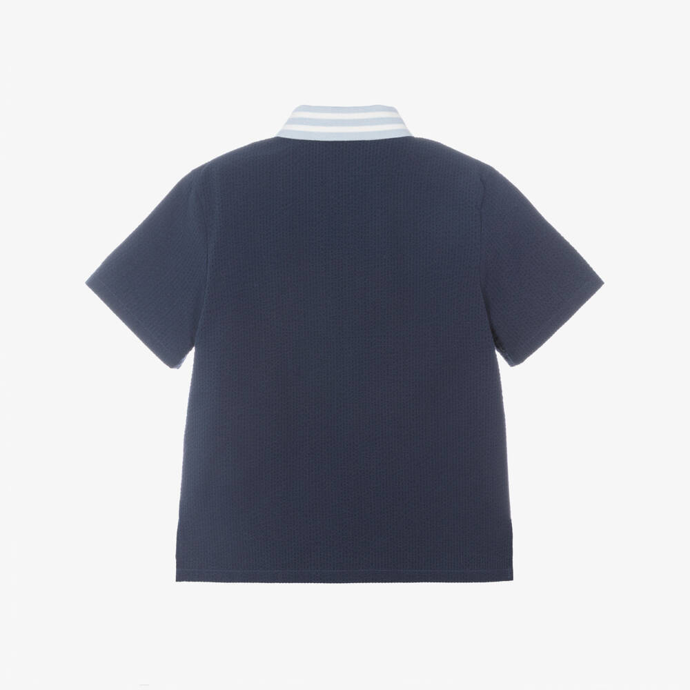 Fendi-Boys Navy Blue Seersucker Shirt with Ribbed Collar | Childrensalon