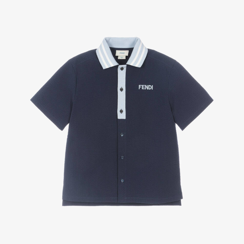Fendi-Boys Navy Blue Seersucker Shirt with Ribbed Collar | Childrensalon