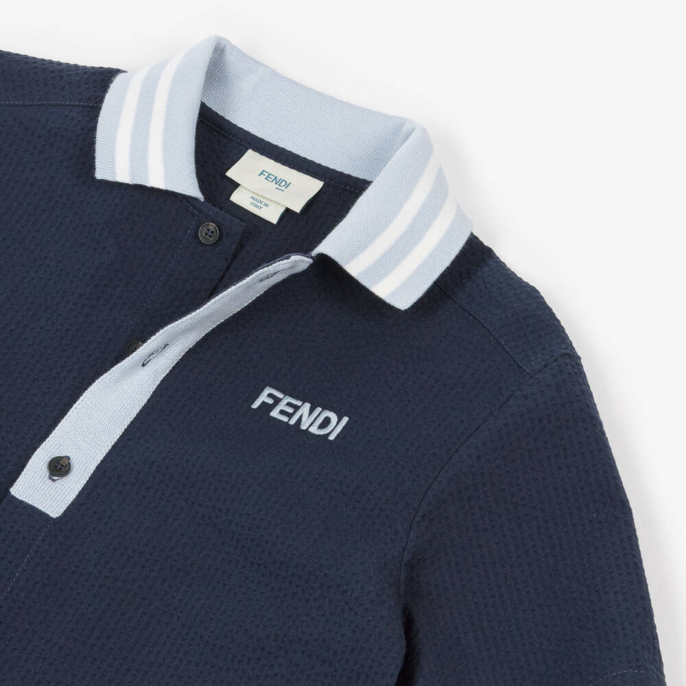 Fendi-Boys Navy Blue Seersucker Shirt with Ribbed Collar | Childrensalon