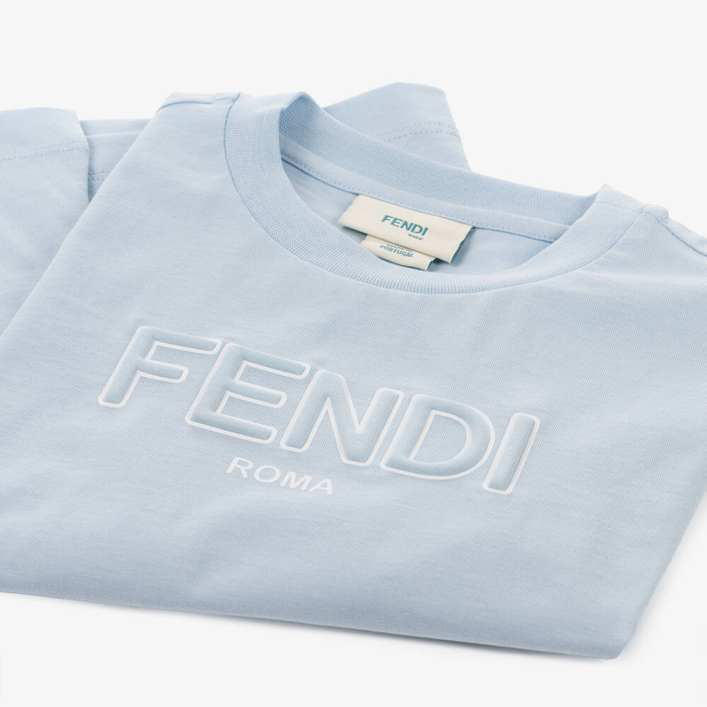 Fendi-Boys Pale Blue Cotton Padded Logo T-Shirt | Childrensalon