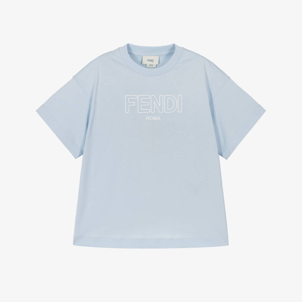 Fendi-Boys Pale Blue Cotton Padded Logo T-Shirt | Childrensalon