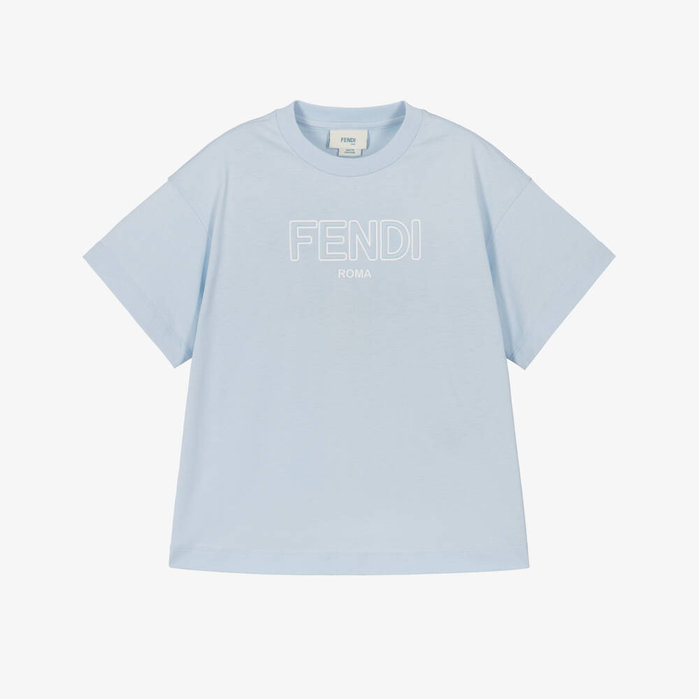 Fendi-Boys Pale Blue Cotton Padded Logo T-Shirt | Childrensalon