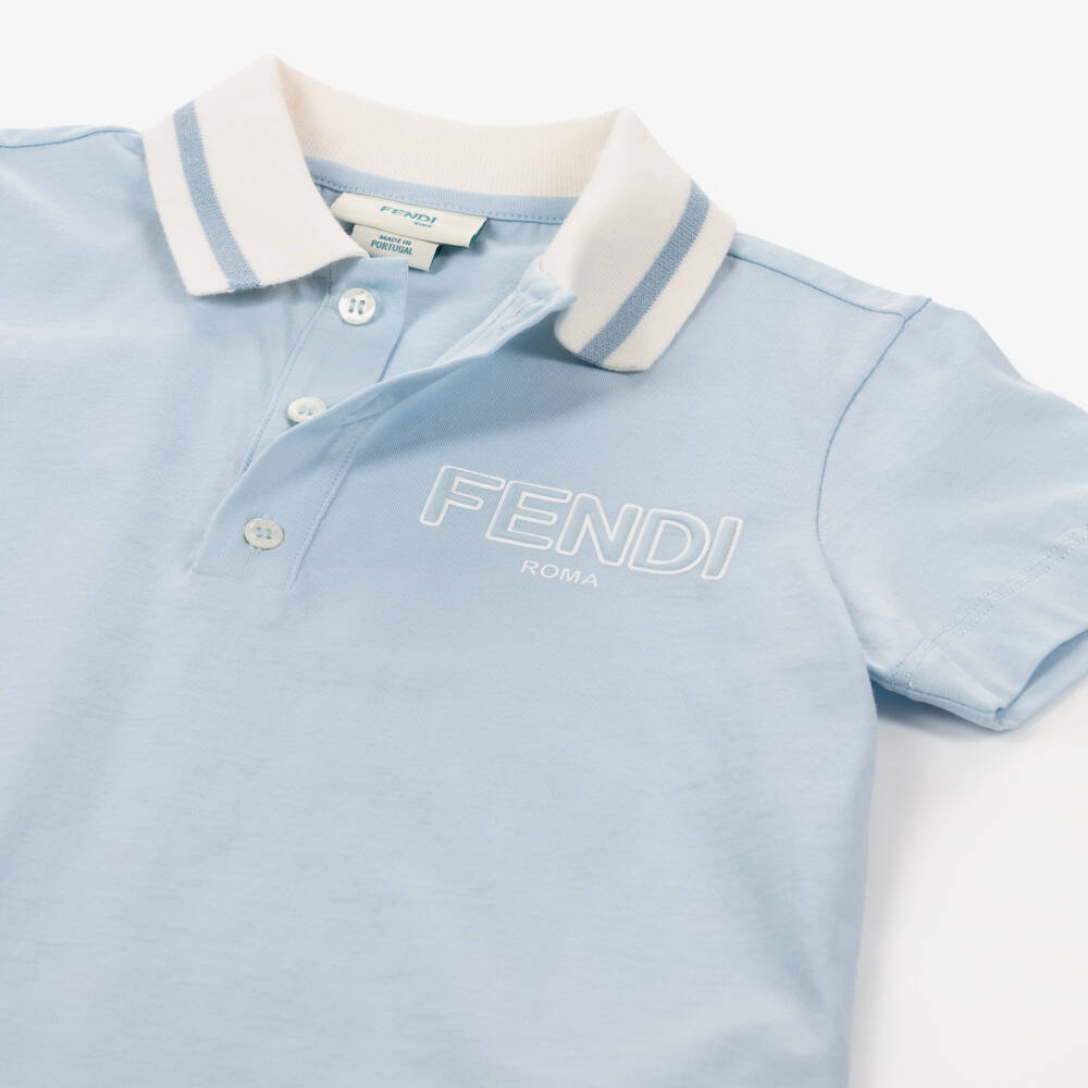Fendi-Boys Pale Blue Cotton Polo Shirt with Padded Logo | Childrensalon