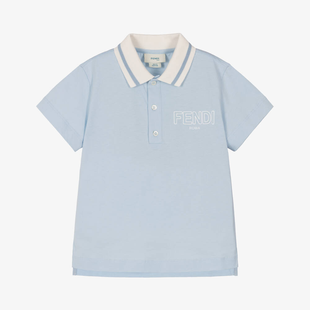 Fendi-Boys Pale Blue Cotton Polo Shirt with Padded Logo | Childrensalon