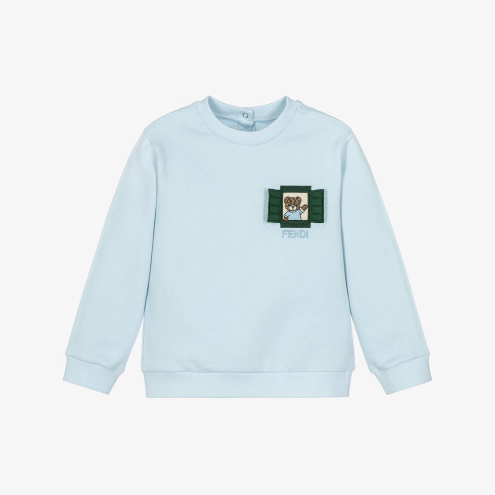 Fendi-Boys Pale Blue Cotton Sweatshirt with Fendi Bear | Childrensalon
