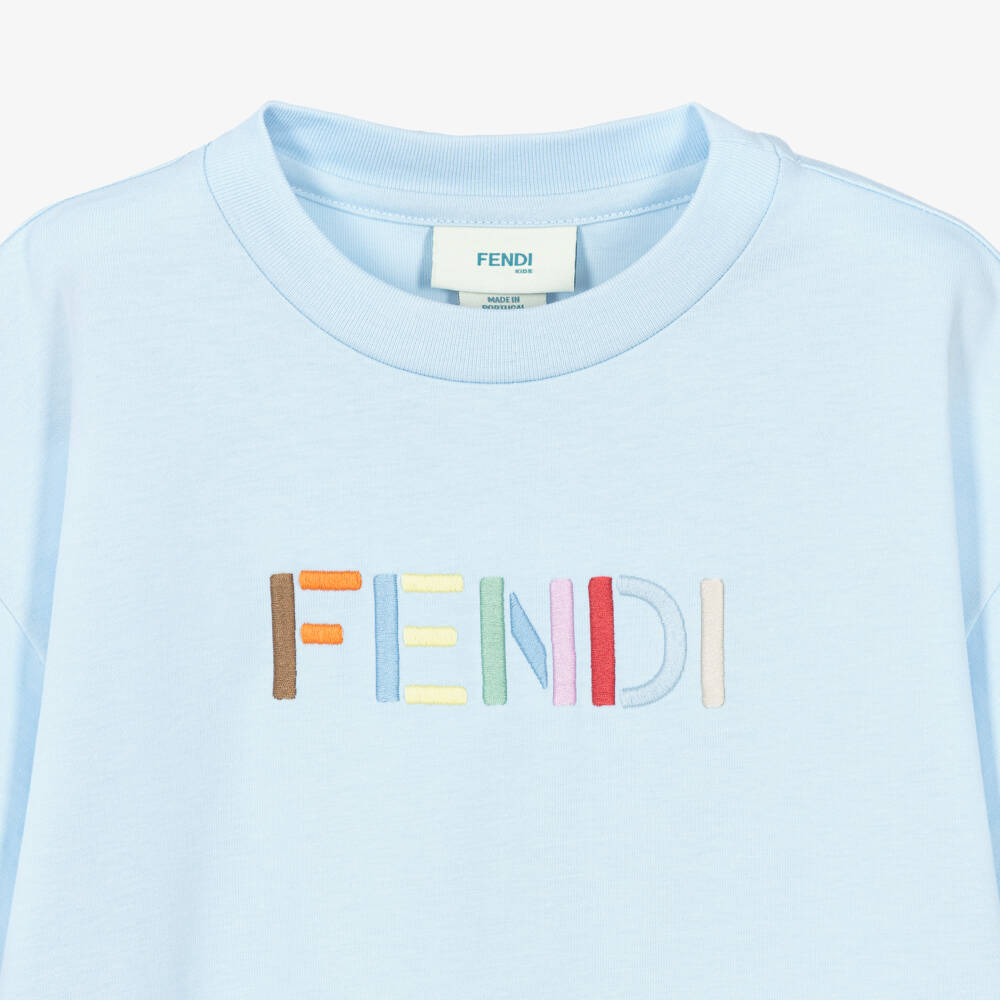 Fendi-Boys Pale Blue T-Shirt with Logo Embroidery | Childrensalon