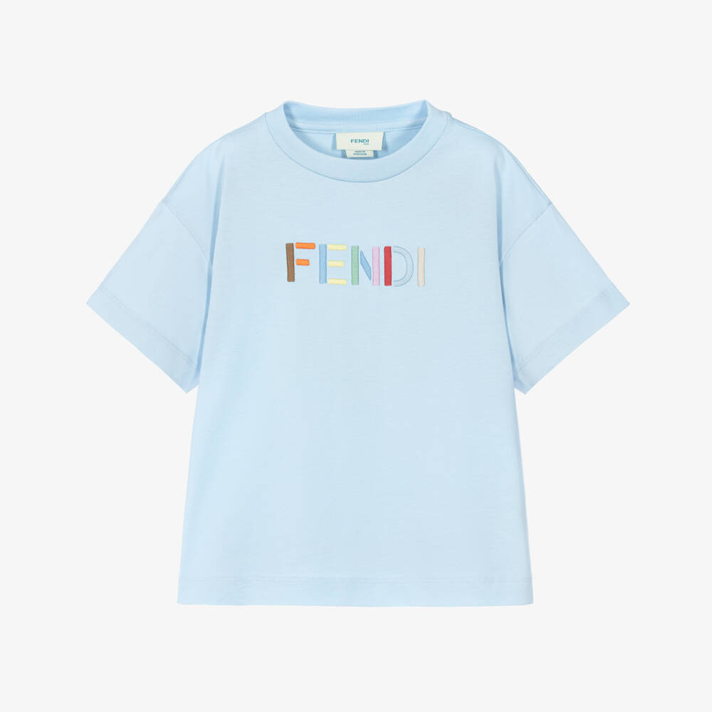 Fendi-Boys Pale Blue T-Shirt with Logo Embroidery | Childrensalon