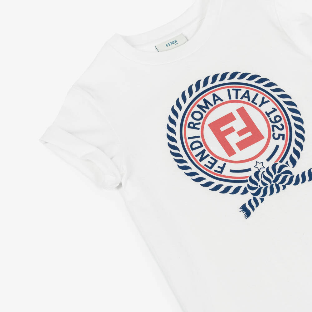 Fendi-تيشيرت بشعار FF قطن لون عاجي فاتح للأولاد | Childrensalon