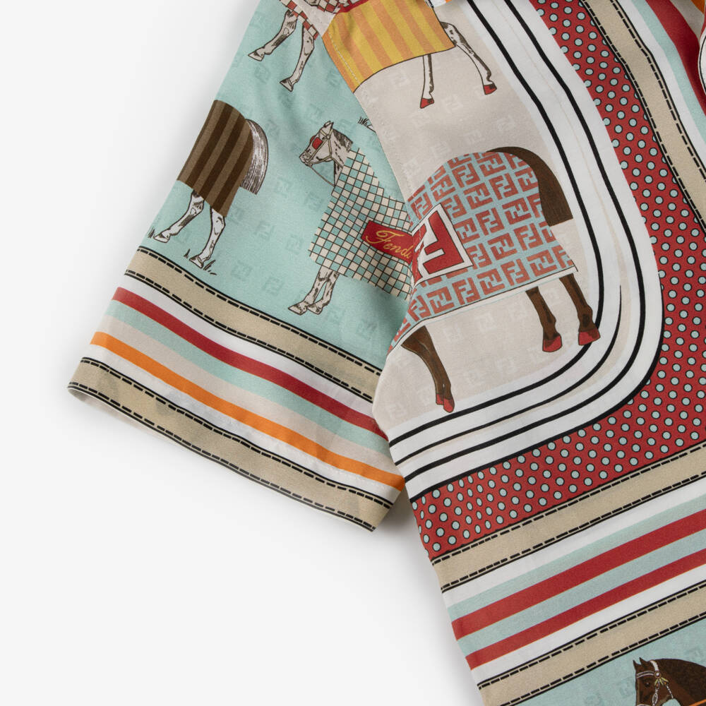 Fendi-Boys Red & Beige Satin Horse Print Shirt | Childrensalon