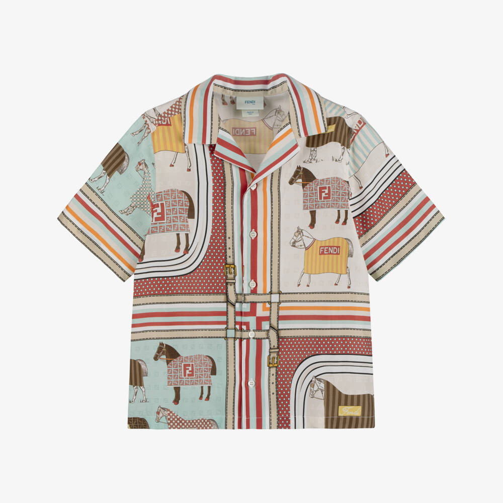Fendi-Boys Red & Beige Satin Horse Print Shirt | Childrensalon